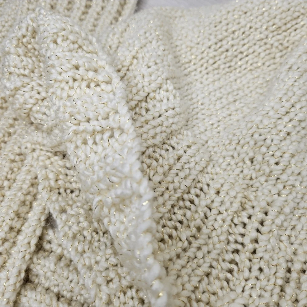 Cream Handmade Knit Scarf Hat Set With Gold Metallic Fibers Winter Cold Weather